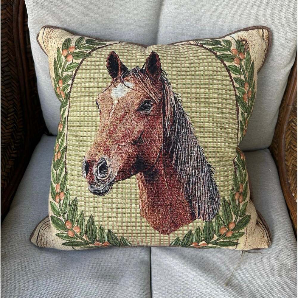 Hines of Oxford Horse in Wreath 18" Pillow Tapestry Brown Velvet UK equestrian